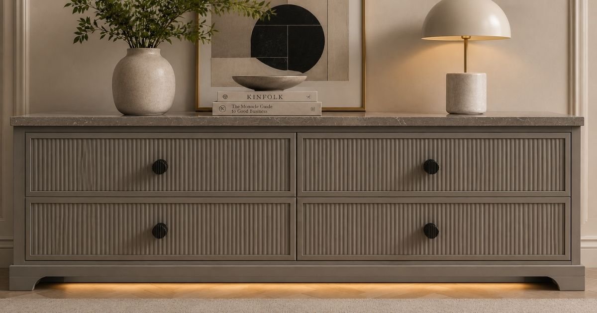 Four-drawer grey dresser with vertical grooved fronts and black knobs, under-cabinet warm lighting, topped with a vase of greenery, framed abstract art, two books, a shallow bowl, and a modern lamp.