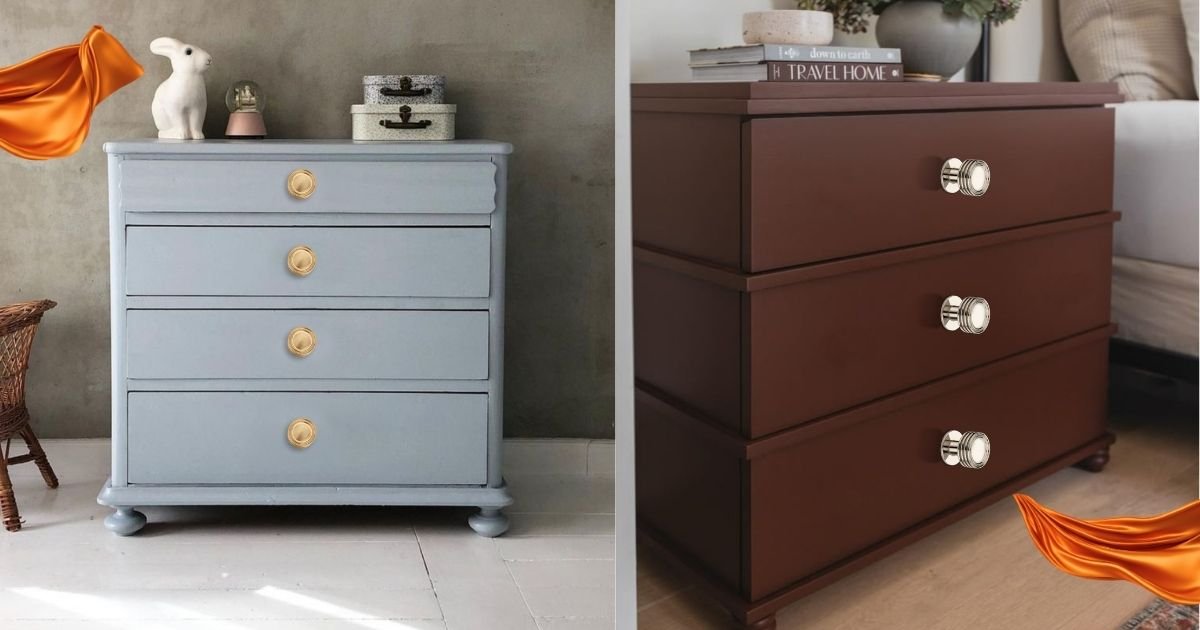 Dlux Dekor - How to Choose the Best Cabinet Hardware for Every Room - Dluxdekor Side-by-side shot of two dressers: left a blue vintage five-drawer chest with gold knobs and decorative items, right a brown three-drawer chest with silver knobs and books on top.