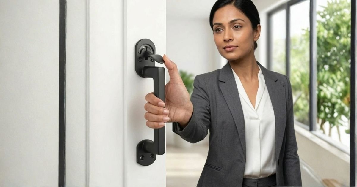 Professional woman in a gray blazer opens a door with a black lever handle in a bright hallway.