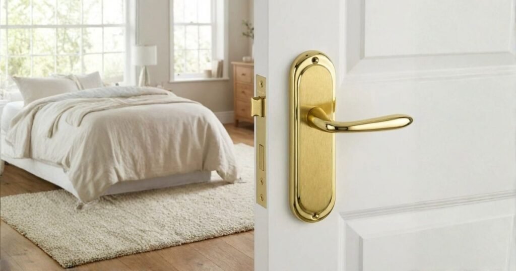 Bright bedroom with a white bed, cream rug, and a white door with a gold handle partially open, letting in light.
