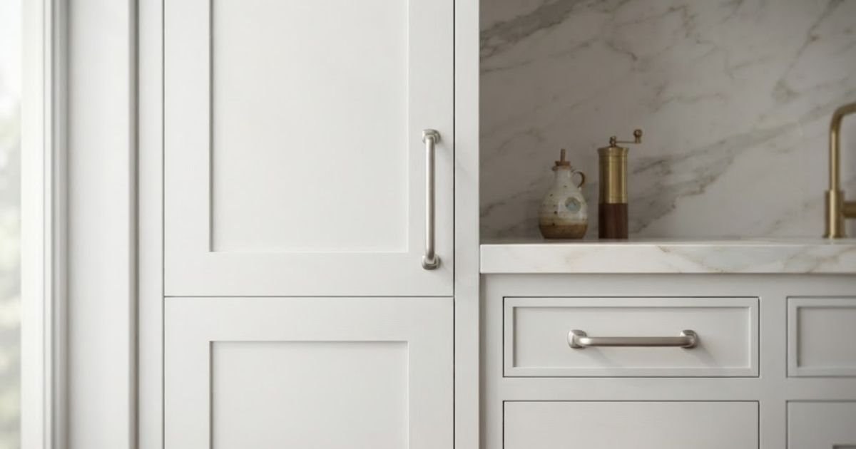 White kitchen cabinetry with marble countertop and brass faucet, an olive oil bottle and pepper grinder on the counter nearby