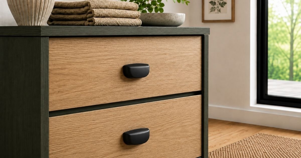 Two-drawer dresser with a dark green frame and natural wood drawers topped by folded towels and decorative items in a bright room near a window.