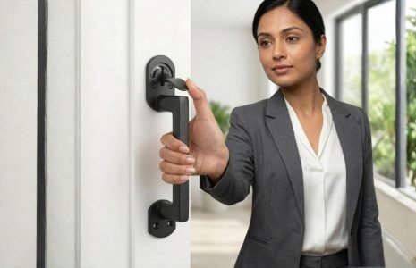 Professional woman in a gray blazer opens a door with a black lever handle in a bright hallway.